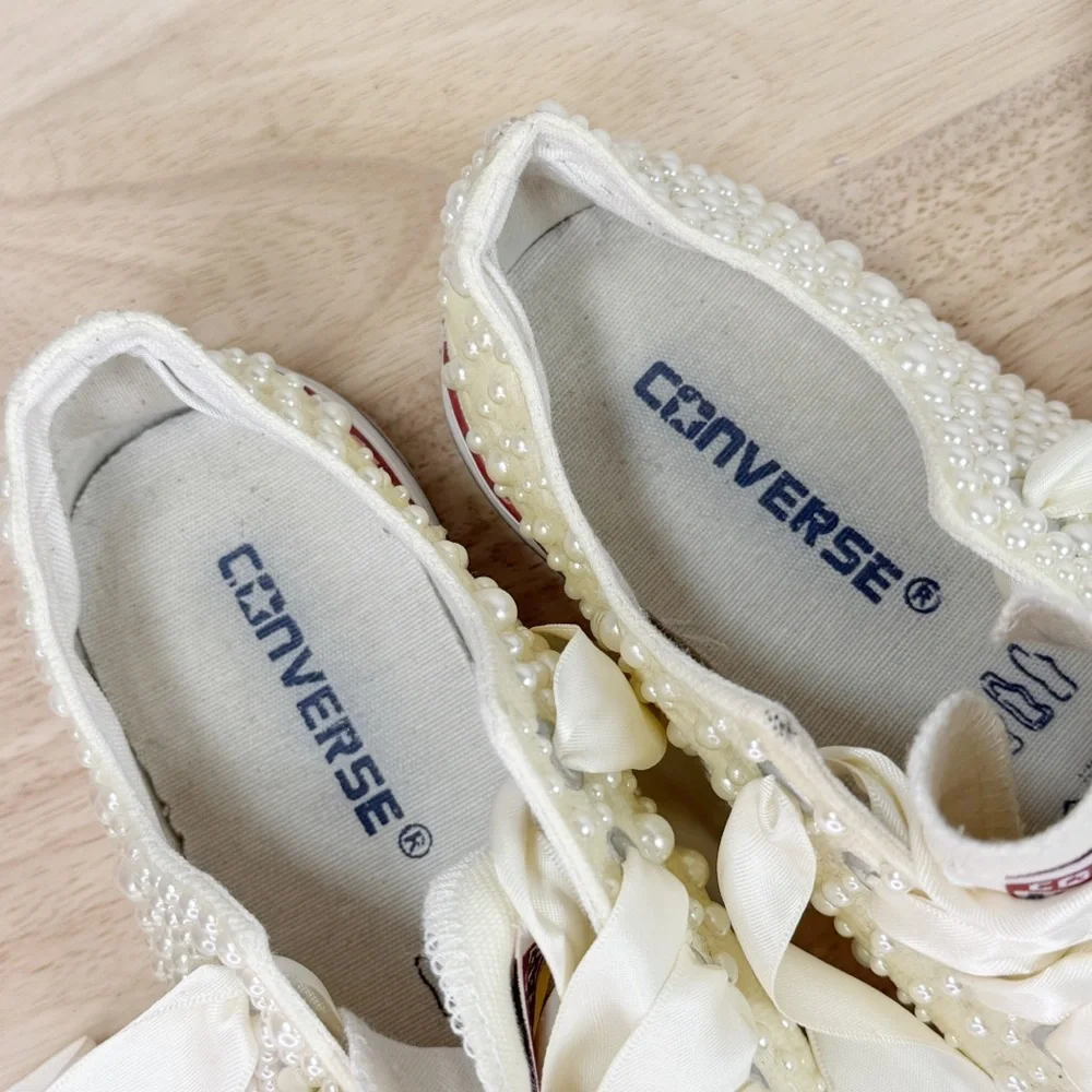 Converse Chuck Taylor Pearls Rhinestone Low Top Sneakers Ivory 7.5 Wedding Bride